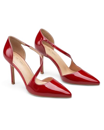 Image of Women's Pointed Toe High Heel Pumps, Elegant Asymmetric Cross Strap D'Orsay Stiletto Strappy Heels, Glossy Patent Dress Shoes for Wedding, Party, and Office