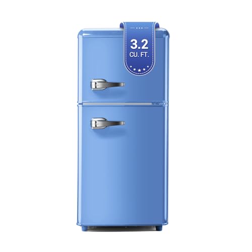 Image of Zyerch Retro Mini Fridge with Freezer, 3.2 Cu. Ft. Small Retro Refrigerator with Freezer 7-Level Adjustable Thermostat, Compact 2-Door Vintage Fridge Apartment Refrigerator for Home, Office, RV, Blue