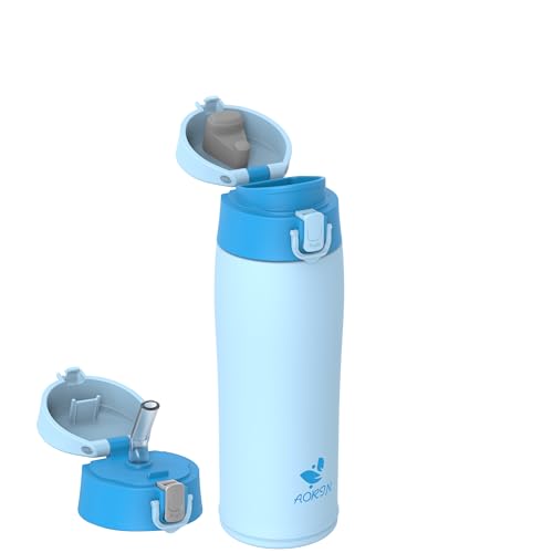 AORIN Botella Agua Acero Inoxidable 18/8 con 2 Tapas, 500ml Botella Agua Niños, Botella Térmica Anti-Fugas, Botella Gimnasio, Termo sin BPA para Deportes, Exterior, Viajes y Escuela
