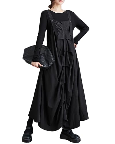 ellazhu Women's Vest Dress Irregular Hem Solid Black Strap Shoulder Buttoned Loose Oversize Fall GZ262 A