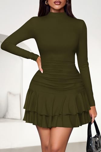 PRETTYGARDEN Women's Y2K Ruffle Layered Bodycon Mini Dress | Long Sleeve Mock Neck Ruched A-Line Fall Clothes 2026,Ribbed Knit Party Wedding Guest Cocktail Dresses,Winter Vacation Outfit - image 2