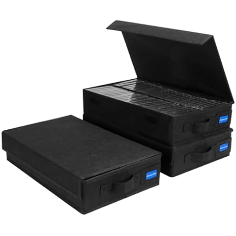 BOATISLE Cassette Tape Storage Box with Handles and Lid – Cassette Tape Holder and Organizer with External Label Slots, Stackable Cassette Storage Rack, 3Pack-Black Cover