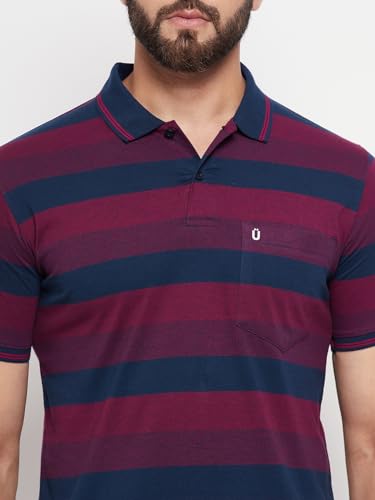 Image of UNIBERRY Men's Cotton Blend Regular Fit Half Sleeve Striper Polo Neck T-Shirt & Pocket On Chest-REMT3-MR XL Maroon