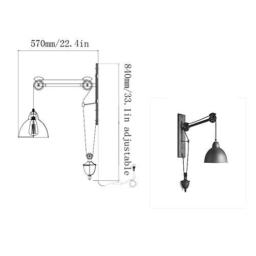 Lámpara de pared retro aplique de luz con polea para lectura de noche en salón 7