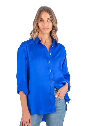 Genérico Camisa Satinada para Mujer Oversized con Botones (M, Azul)
