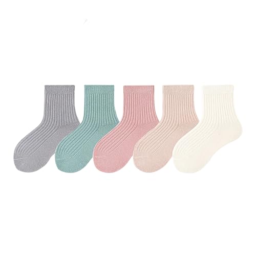 Kids Socks Ribbed Cuffs Cotton Knit Crew Socks Solid Cartoon Pattern Cute Socks for Kids 5 Pairs
