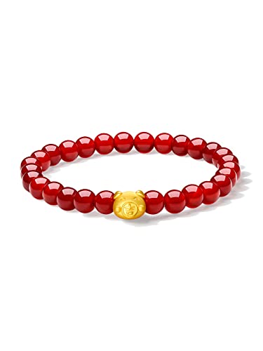 24K Solid Gold Bracelets for Women, Stretchable Lucky Animals Real Gold Rabbit Bangle Charm Bracelets, Pure Gold Agate Beaded Zodiac Bunny Bracelet