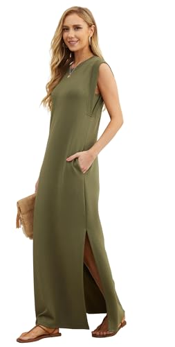 Image of HiMONE Womens Petite Maxi Dress Round Neck Loose Split Wrinkle Free Pockets