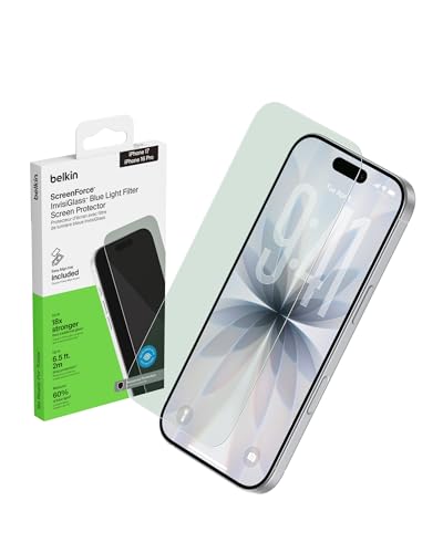 Image of Belkin EZ Align iPhone 17 /16 Pro Tempered Glass Screen Protector Guard, InvisiGlass Blue Light Filter Screen Protector, Scratch-Resistant.