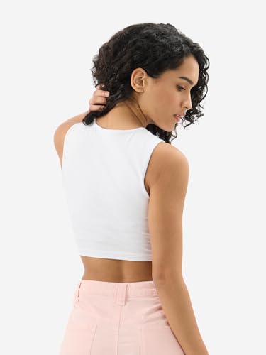 Image of The Souled Store Solids: Serene White Women and Girls Sleeveless Round Neck Cotton Blend Slim Fit Cropped Tops