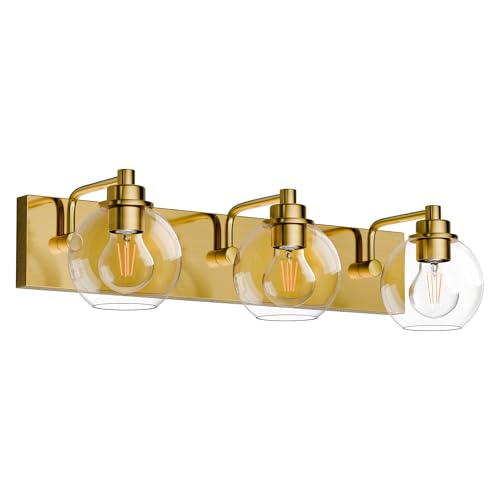 Image of 3 Light Bathroom Light Fixtures-Brushed Gold Bathroom Vanity Lights, Modern Vanity Lights 3-Light Bathroom Lighting Fixtures Over Mirror with Clear Glass Globe Shade