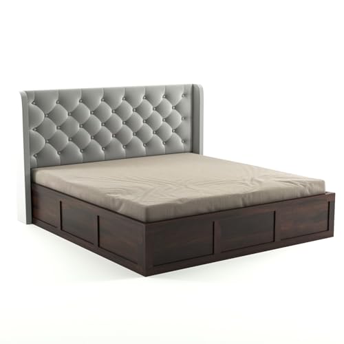 Image of Solid Sheesham Wood King Size Bed with Storage | Wooden Double Bed Cot Bed with Box Storage & Velvet Upholstered Cushioned Headboard for Bedroom (Walnut D, King)