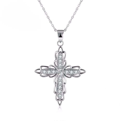 Collier argent 925 pendentif croix de fleurs brillant pour mariée et grandes soirées