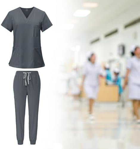 YIJU Female Scrub Set Nurse Workwear V Neckline Professional Machine Washable Top and Joggers Pant Work Clothing for Beauty Center, Gray, M — view 2