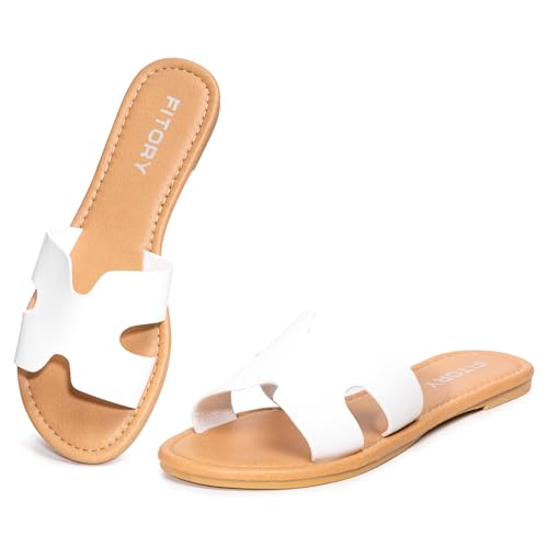 FITORY Womens Comfortable Dressy Leather Flat Sandals - Stylish & Beautiful Summer Slides White Size 8