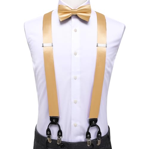 Image of Hi-Tie Men Suspender Bowtie Set Suspenders Pre-tied Bow Tie Pocket Square Cufflinks Adjustable Y Shape 6 Clips Braces Tuxedo