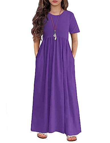 Image of Arshiner Girls Maxi Dress Long /Short Sleeve Casual Holiday Dress with Pockets for 5-13 Years