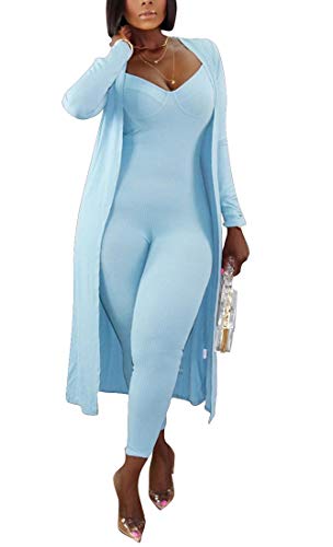 Aro Lora Womens 2 Piece Outfit Ribbed Open Front Cardigan and Sleeveless Bodycon Jumpsuit Small Light Blue