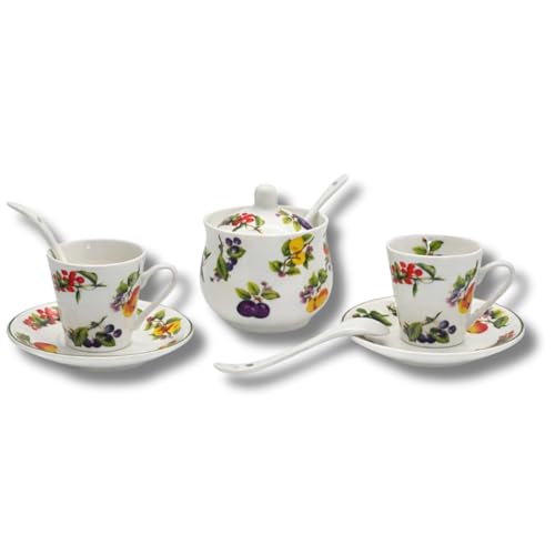 LEONARDO LUXURY HOME DESIGN Set 2 Tazzine Caffè con Piattini Zuccheriera e Cucchiaini Porcellana Decorata Frutta Elegante Tavola Idea Regalo (2TazzeFrutta+Zuccheriera)
