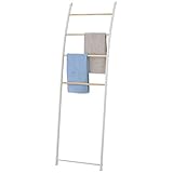 MyGift 4 Bar White Metal Bath Towel Ladder, Wall-Leaning Drying Rack Stand