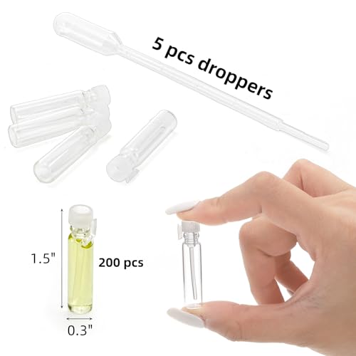 200Pcs Mini 1ml Clear Glass Perfume Sample Bottles with 5 Droppers, Empty Refillable Cologne Decant Bottles, Travel Tester Vials for Fragrance, Essential Oils, DIY Liquids2