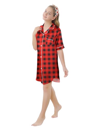 Image of Schbbbta Girls & Women Silk Nightgown, Short Sleeve Button Down Satin Nightshirt Pajama House Dress, 3 Years- Women 2XL