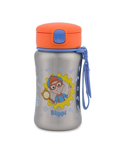 Skip Hop x Blippi Toddler Stainless Steel Water Bottle BPA-Free Toddler Water Bottle with Pop-Up Lid & Flexible Straw Holds 12oz. Age 12m+