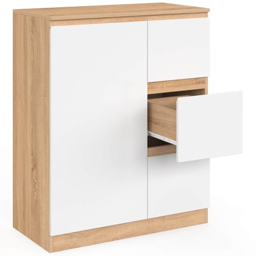 Meuble de rangement salle de bain TOMI 1 porte avec panier à linge amovible 3 tiroirs façon hêtre et - vue 6