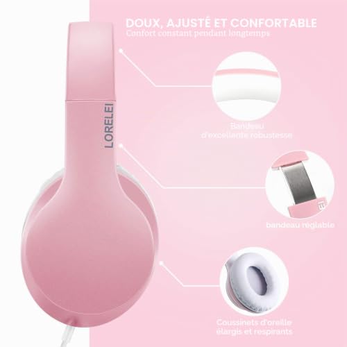 LORELEI X6 Casque supra-auriculaire filaire avec microphone, léger, pliable et portable avec basses stéréo sans nœuds de 1,45 m pour smartphone, tablette, MP3/4 (rose perle) – vue 2