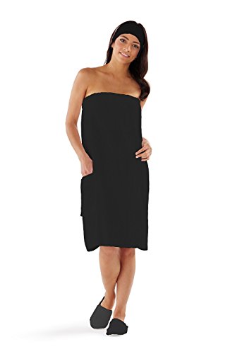 Boca Terry Womens Spa Wrap - 100% Cotton Spa, Shower, Bath and Gym Towel w Snaps - Med/Large, XXL, 4XL, 6XL Black