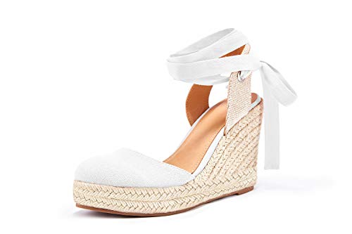 Damen Espadrille Keilsandalen Geschlossene Zehe Lace Up Plattform Knöchel Wrap Sommer Freizeitschuhe, Weiss/opulenter Garten, 39 EU