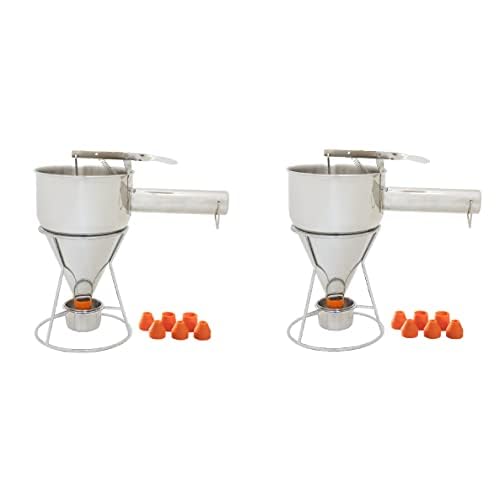 Immagine prodotto: eGenuss Set da 2 Dosatori diimpasto in acciaio inox con maniglia rimovibile + bocchette in silicone + supporto da tavolo con box raccogli impasto + custodia | Imbuto graduato con capacità 1200ml