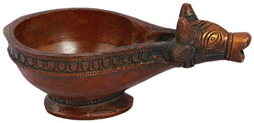Exotic India Nandi Oil Lamp (Diya) - Brass Statue - Color Double Chola Color