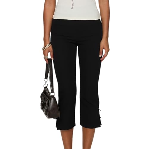 Aopwsrlyi Women Capri Pants Elastic Waist Side Bow Decor Slim Fit Cropped Pants Skinny Leggings Steetwear