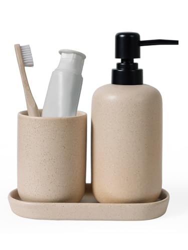 INGOFIN 3 Pcs Ceramic Bathroom Accessory Set - Liquid Soap Dispenser, Toothbrush Holder & Tray, Bathroom Counter Set, Countertop Essentials for Home, Guest Bathroom, or Office Use, Beige
