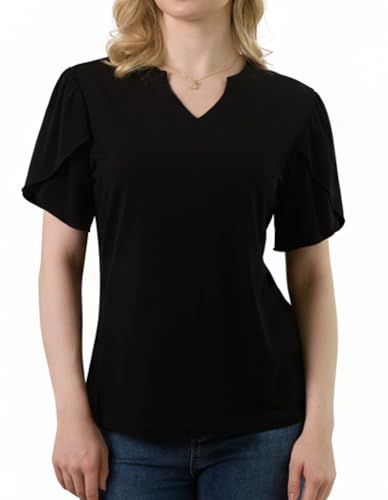 LEADHALO Merino Wool Womens T Shirts V Neck Soft Lightweight Breathable Short Sleeve Shirts for Women with Feminine Sleeves Black M