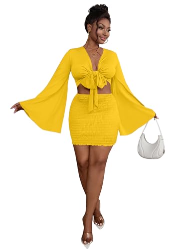 Image of LYANER Women 2 Piece Vacation Outfits Tie Knot Front Bell Long Sleeve Crop Top and Mini Skirt Summer Set