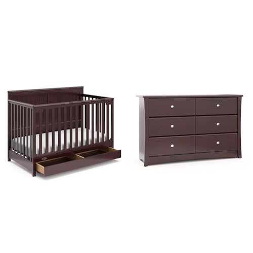 Graco Hadley 5-in-1 Convertible Crib with Drawer (Espresso) – Crib with Drawer Combo & Storkcraft Crescent 6 Drawer Double Dresser (Espresso) – GREENGUARD Gold Certified