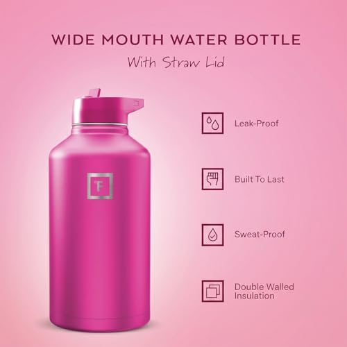 Image of IRON FLASK Camping & Hiking Hydration Flask with Straw, Wide Mouth Insulated Stainless Steel Sports Water Bottle - Pink Tulip 64 oz - Straw (1 Lid)