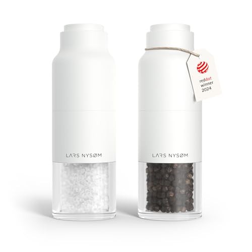 Image of LARS NYSOM Salt and Pepper Grinder Set, Stainless Steel Manual Salt and Pepper Mills, Adjustable Ceramic Grinder, Design Spice Shakers (Pure White)