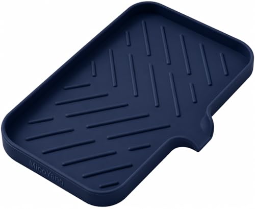 MicoYang Silicone Soap Dish with Drain Spout — Self-Draining Sink Organizer Tray for Bathroom & Kitchen, Sponges, Dispensers & Soap Holder, Non-Slip & Dishwasher Safe, Navy Blue (Medium, 9.6"×5.3")