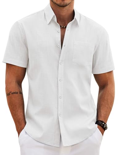 Image of COOFANDY Men's Button Down Short Sleeve Shirt Casual Cotton Summer Beach Wedding Linen Shirts with Pocket