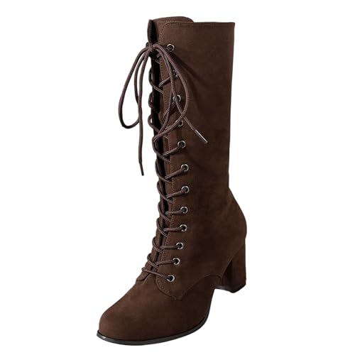 MJGkhiy Botas Mujer Texanas Altas Western Botines Con Tacón de Bloqueo Camperos Boots Negros Cowboy Botín Cómodos Ante Bota con Cordones Botas Marrones, café, 35 EU