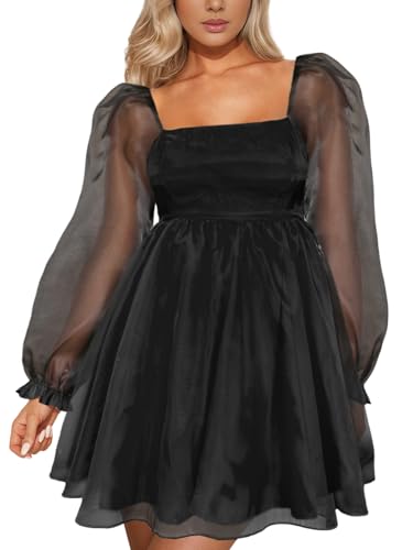 Aisbei Women's Square Neck Puff Sleeve Babydoll Dress Backless Casual A-Line Short Mini Dresses4