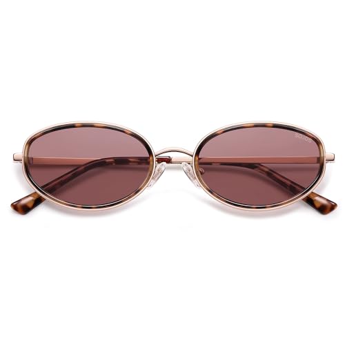 SOJOS Trendy Oval Round Polarized Sunglasses for Women Men, Chic Retro Narrow Circle Sunnies SJ1248 Light Brown Tortoise/Pink