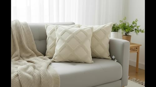 Image of Premium Cotton Cushion Cover, 20 Inch x 20 Inch, Circular Knit Neutral Textured, Square Accent, Cushion Cover Set of 2 for Living Room, Sofa (Diamond-1)