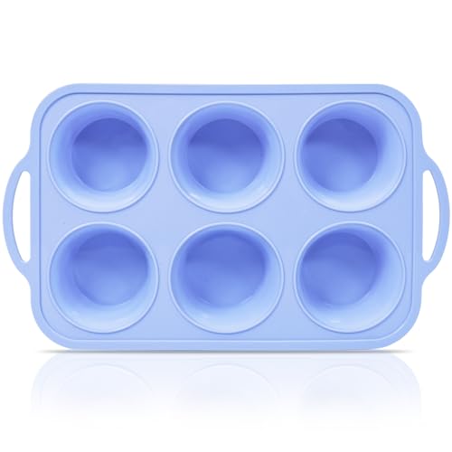 Vnray Jumbo Silicone Muffin Pan with Metal Frame, Non Stick Silicone Cupcake Pan with Handles 6 Cup, BPA Free Silicon Muffin Tin Tray Extra Large for baking, egg bites, Cupcake Mold Blue