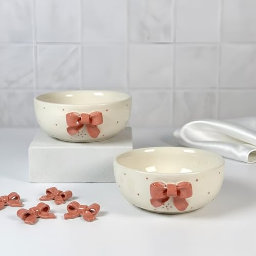 Image of SNS Handmade Ceramic Serving Bowl Set (Set of 2) | Microwave Safe Cute Ceramic Bowl Set | Aesthetic Snack, Salad, Cereal, Dessert & Soup Bowl | Premium Kitchen & Breakfast Bowl (Riva Red Bow Bowl)