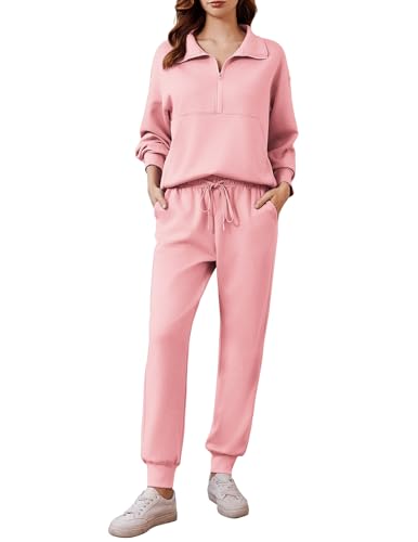 Image of PINSPARK 2 Piece Sets for Women Long Sleeve Half Zip Tracksuit Jogger Sets | 2026 Fall Travel Outfits Lounge Set, Lightweight Soft Air Layer Fabric, Kangaroo Pocket Sweatshirt, Drawstring Joggers Pants