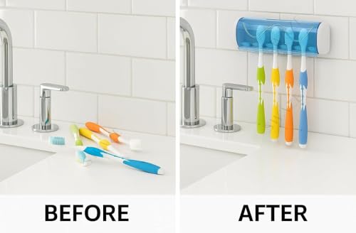 Image of Swaze Plastic Toothbrush Holder with Cover for Bathroom | 5-Slot Wall Mounted Toothbrush Holder with self Adhesive & Screw Options | Bathroom Organizer | (Multicolour, Pack of 1)